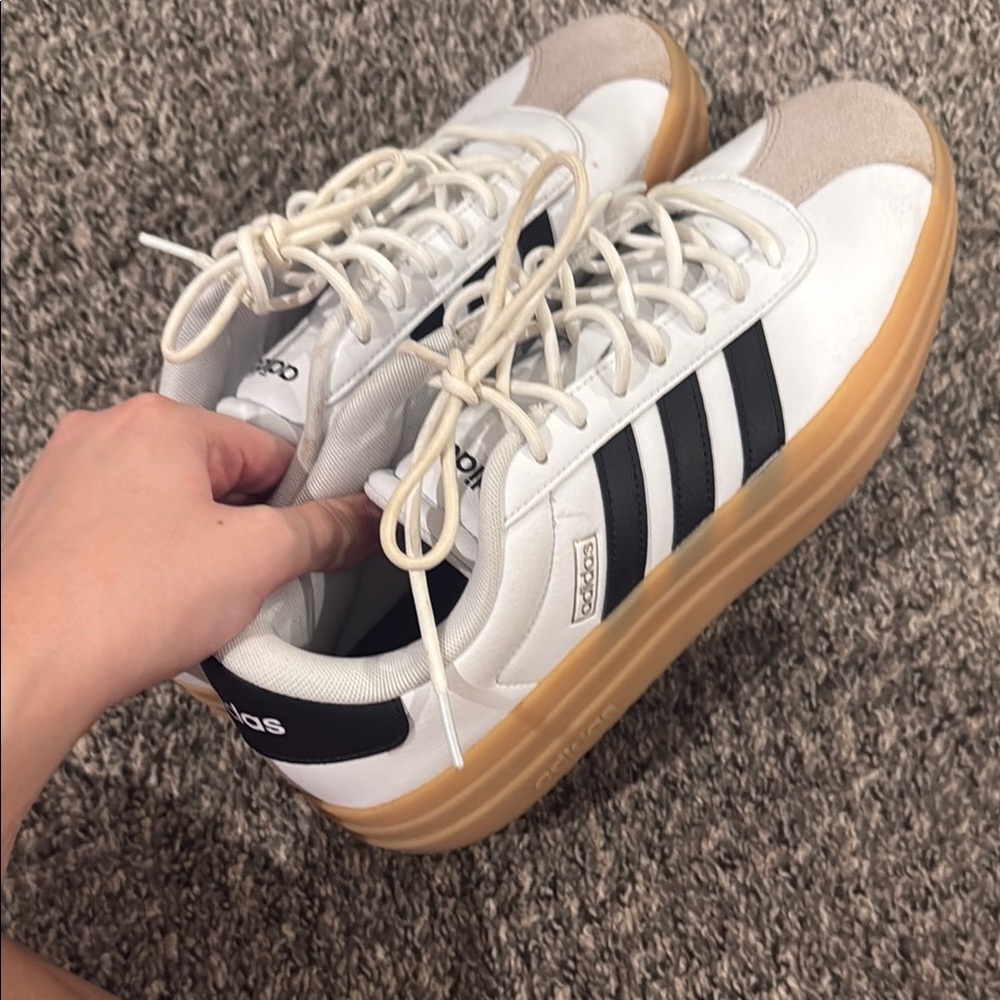 adidas Women's White and Black Sneakers with Tan Sole